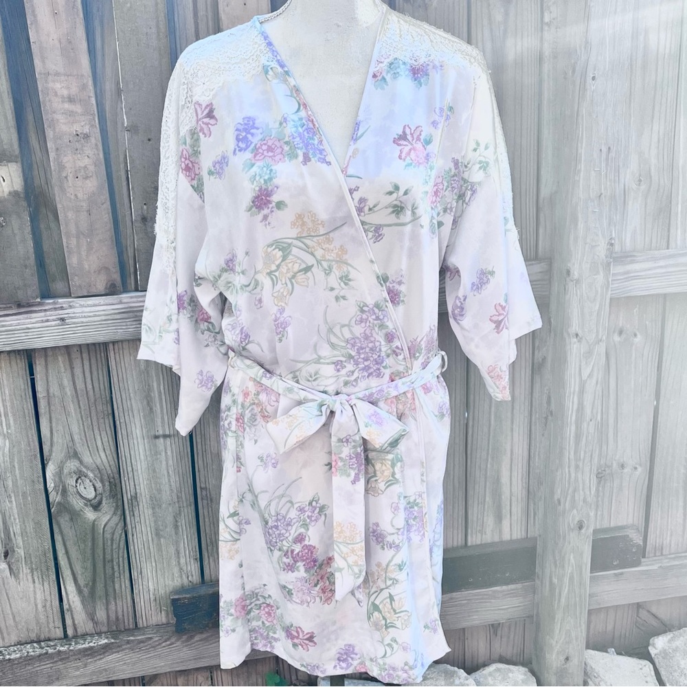 Linea Donatella Satin Robe with Lace Insets, 3/4L Sleeves; Size S/M